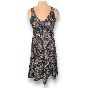 Jones New York Signature Dress Black Beige Floral Cotton V-neck Sleeveless Midi